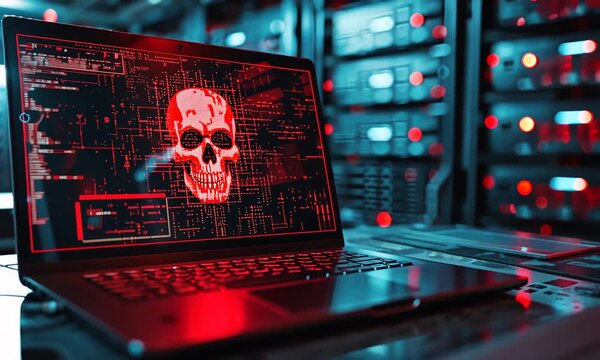 A laptop with a red skull displayed on the screen, in front of a server rack.