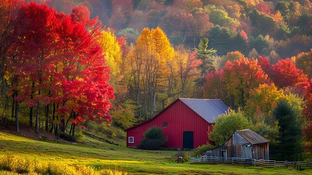 A red barn sits amidst a field of yellow grass and a colorful forest in the fall.