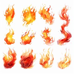 A set of twelve different fire flames, isolated on white background.