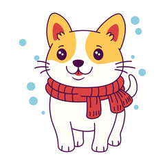Cute Puppy Dog Cartoon Animal Wearing Scarf Under Snow with Happy Expression