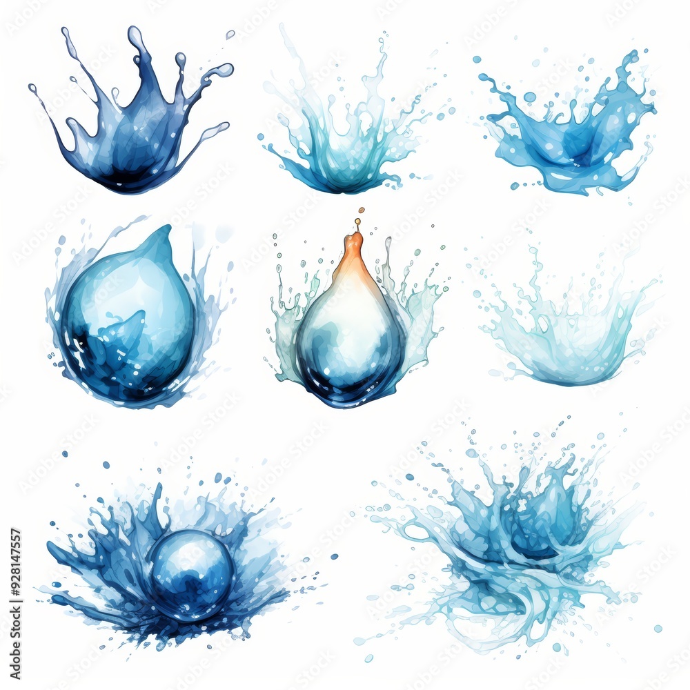 Wall mural a collection of blue water drop splashes with different forms on a white background.