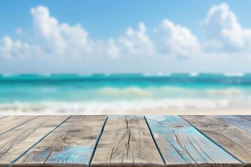 Fototapeta premium Wooden Tabletop with Blurry Beach Background