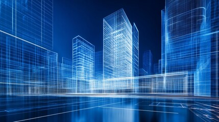 Abstract cityscape with blue glowing lines and reflection.