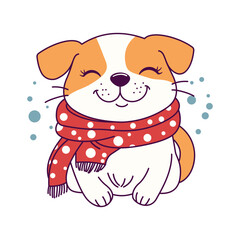 Fototapeta premium Cute Puppy Dog Cartoon Animal Wearing Scarf Under Snow with Happy Expression