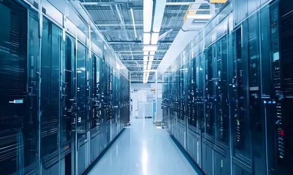 A long hallway lined with server racks in a modern data center.
