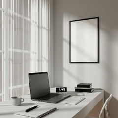 Modern Minimalist 3D Interior with Frame, Laptop, and Office Supplies in Bright Sunlit Room