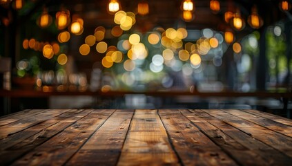 Wooden Tabletop with Defocused Bokeh Lights in Background