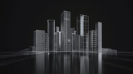 Wireframe city skyline with reflections.