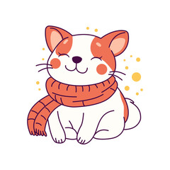 Cute Puppy Dog Cartoon Animal Wearing Scarf Under Snow with Happy Expression