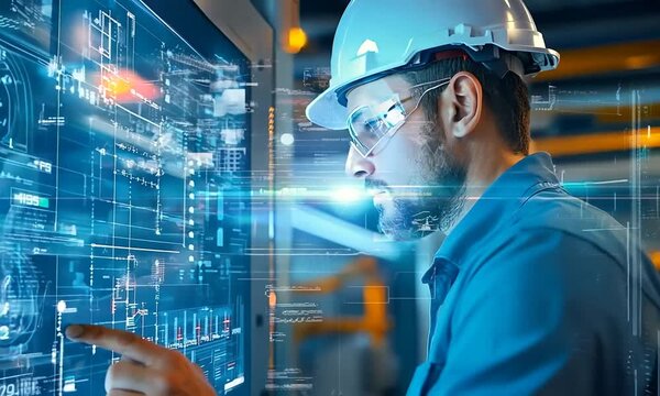 A male engineer in a hard hat and safety glasses looks at a monitor with data and points to it with his finger.