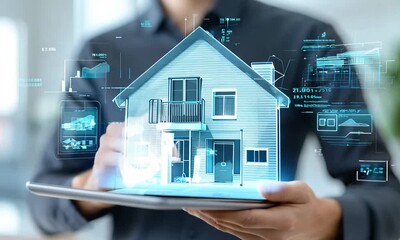 A man holding a tablet with a 3D model of a house, showcasing smart home technology.