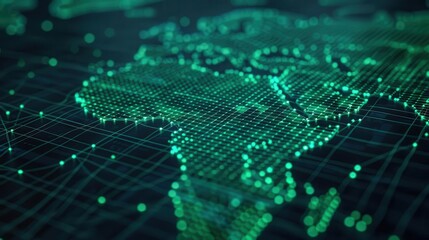 Digital representation of Africa with glowing lines and dots, ideal for tech, geography, and data visualization projects.