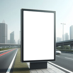 White mockup in billboard besides the road in center of the city. advertisement marketing and graphic resources.
