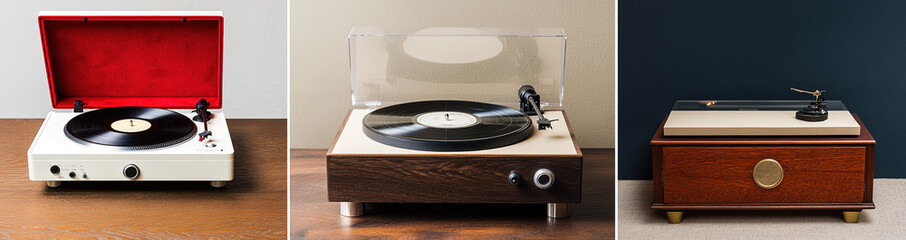 Fototapeta premium Elegant vinyl record players: white plastic turntable with wooden base and red velvet cover, sophisticated brown wood-grained model with cream finish and brass accents, and a stylish beige record cabi