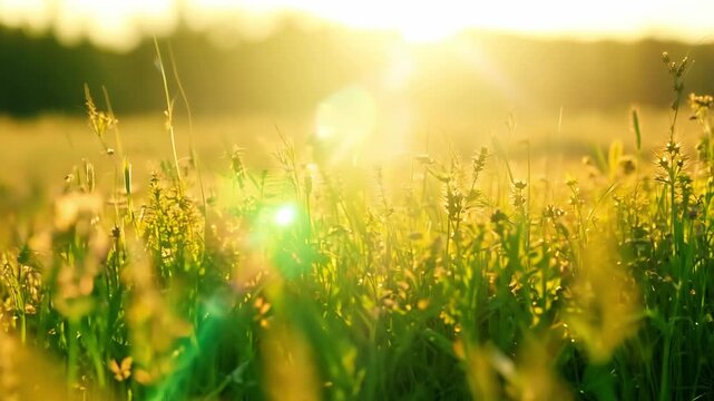 Golden sunlight illuminates swaying grass and wildflowers in a peaceful meadow, capturing the essence of a tranquil summer evening.
