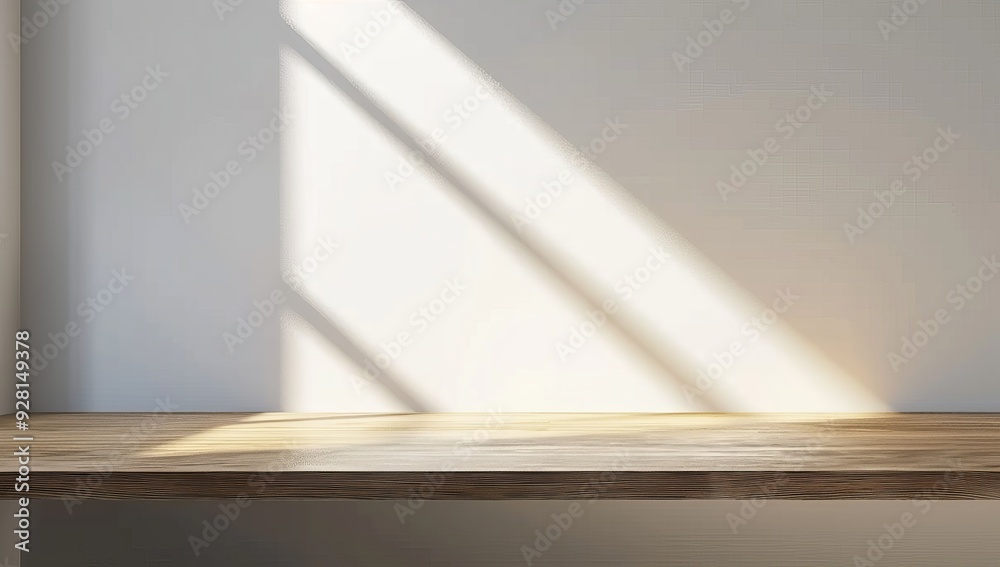Poster wooden shelf with sunlight streaming through window