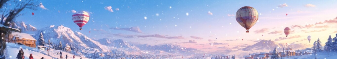 Obraz premium Anime-Style Enchanted New Year's Eve: Aerial Vistas of Winter Wonderland from Hot Air Balloons, Celebrating the 2025 Winter Sports Season and Festive Cheer.