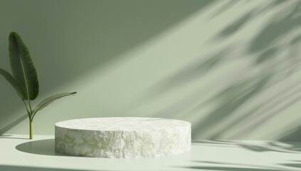 A White Stone Podium with a Green Plant and Shadows on a Green Background