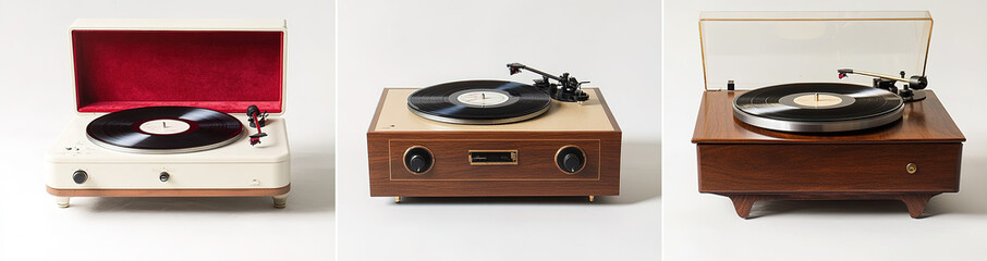 Diverse vinyl record player styles: vintage white plastic turntable with wooden base and red velvet cover, classic brown wood-grained model with cream paint and brass accents