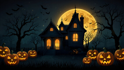 Spooky halloween pumpkin jack o lantern heads in front of a haunted house in the background lit up by full moon. 3d rendering
