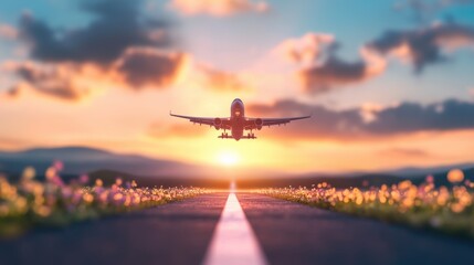 Fototapeta premium A wide shot of a runway with airplanes taking off and landing, showcasing the excitement of travel.