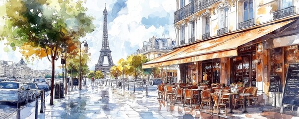 A picturesque Paris street scene featuring the Eiffel Tower, charming cafes, and vibrant greenery, evoking romance and beauty.