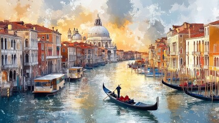 Fototapeta premium A picturesque view of a Venetian canal at sunset, featuring a gondola and historic buildings bathed in warm light.