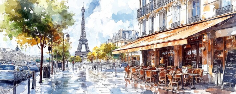 Fototapeta A picturesque Paris street scene featuring the Eiffel Tower, charming cafes, and vibrant greenery, evoking romance and beauty.