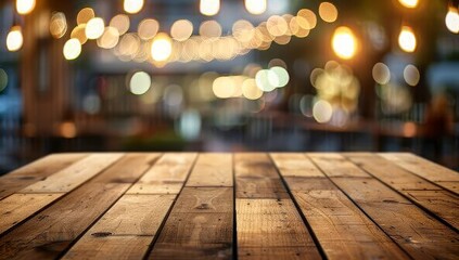 Wooden Tabletop with Blurred Bokeh Lights in Background