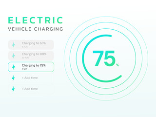 Electric Vehicle battery charging display status with EV charger Station clean ui llustration design concept. EV car battery charging dashboard for ui, website, clean energy, ev car, Application, tech