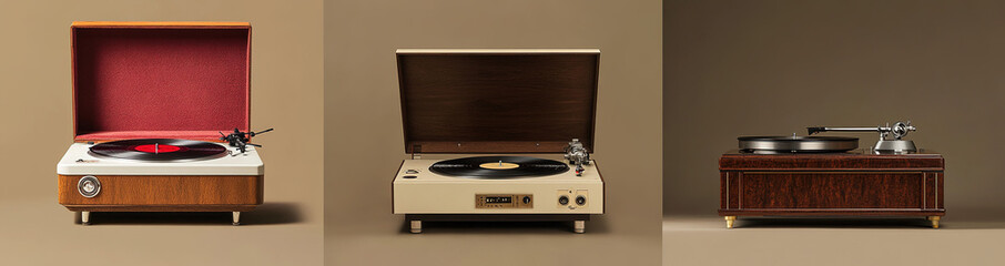 Obraz premium Three vintage-inspired vinyl record players: white plastic turntable with wooden base and red velvet cover, brown wood-grained player with cream finish and brass details, and an elegant beige record c
