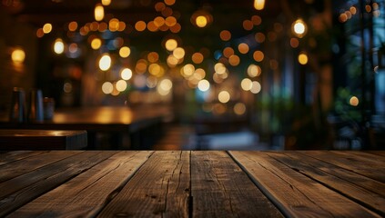 Rustic Wooden Tabletop with Blurred Bokeh Lights