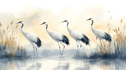 Obraz premium Elegant cranes standing gracefully by the water, surrounded by soft grasses in a serene, artistic landscape.