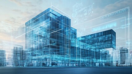 Futuristic building with digital lines and a blue sky.