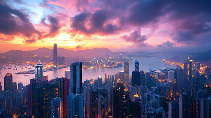 Fototapeta premium A stunning aerial view of a vibrant city skyline at sunset, with skyscrapers illuminated against a backdrop of a colorful sky and a calm harbor.