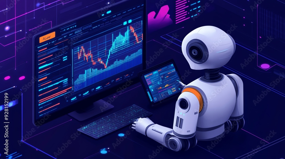 Poster ai robot working on stock market data.