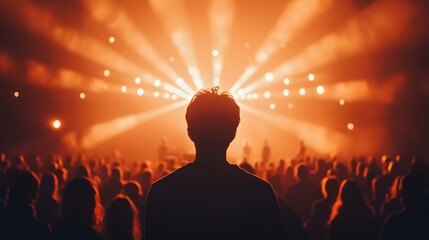 A Silhouetted Individual Amidst a Crowd Illuminated by Stage Lights