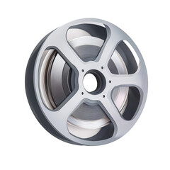 Obraz premium A vintage-style film reel with gray and white color scheme isolated against a black background.