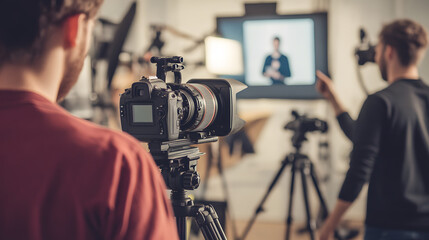 Minimalist modern video production studio featuring sleek equipment, isolated camera focus, and video edit monitor display, embodying cutting-edge media creation aesthetics.