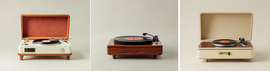 Fototapeta premium A collection of vinyl record players: vintage white turntable with wooden base and red velvet cover, elegant brown wood-grained player with cream paint and polished brass, and a stylish beige record c