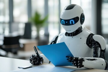 A modern robot reviewing documents in a contemporary office setting, showcasing the blend of technology and productivity.