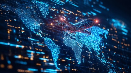 Airplane Flying Over Digital World Map.