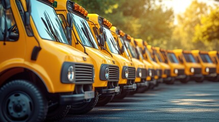 Yellow school bus fleet on parking. Yellow school buses in row. School Bus. Back to school concept. Education concept. copy space for text.