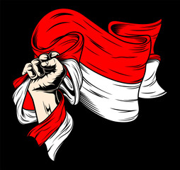 vector design Hand holding the indonesian flag. Longevity Republic of Indonesia. editable vector hand with a red and white flag vector, isolated on black background