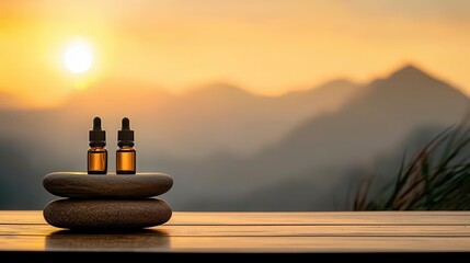 Calming spa decor, essential oils in focus close up, focus on, copy space, soft earthy tones, Double exposure silhouette with mountain landscape