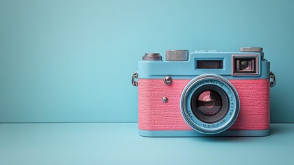 Vintage Blue and Pink Film Camera on Teal Background