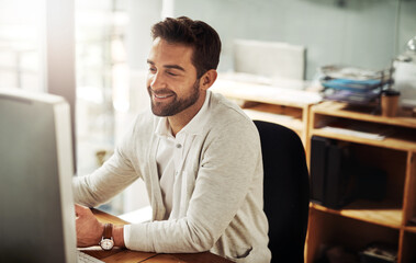 Businessman, desktop computer and corporate with research, connection and concentration in...