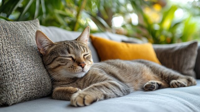 Cozy tabby cat peacefully sleeping on a comfortable couch with vibrant throw pillows, surrounded by lush green plants.