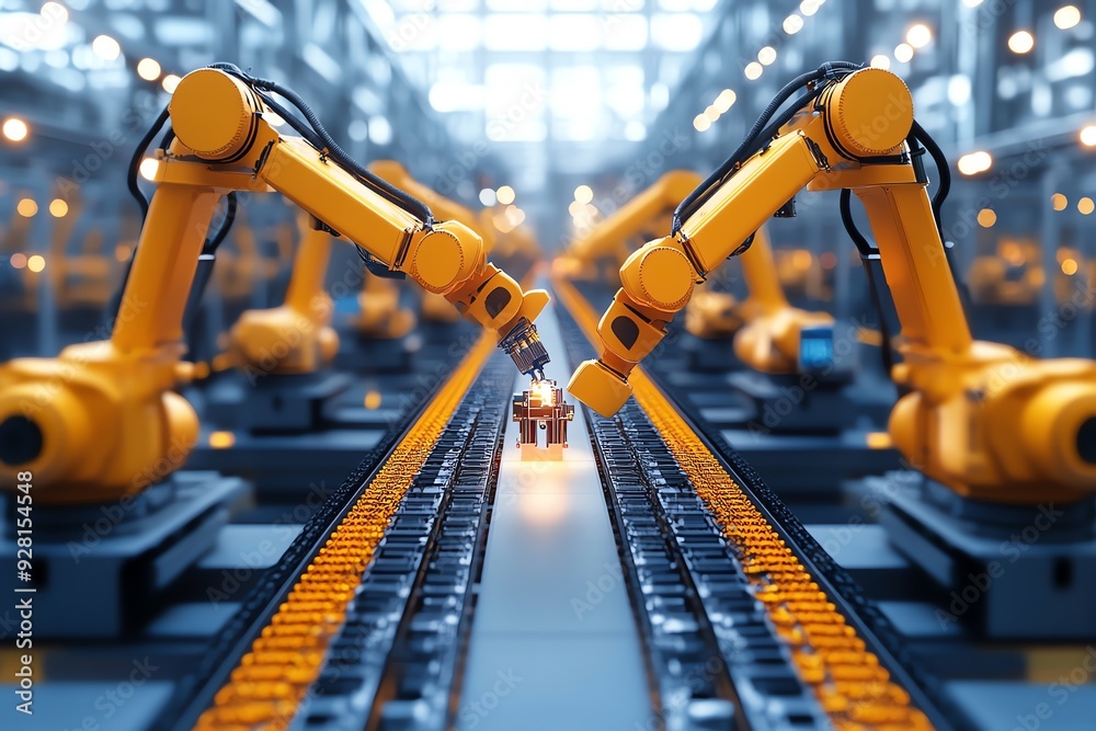 Aufkleber Automated factory robotic arms on a production line.