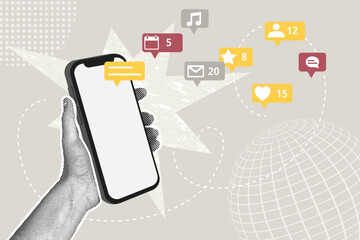 Contemporary halftone collage. Concept of mobile apps and services, online communication, social media,rating.Business creative illustrat